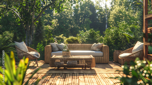 A rattan patio set including a sofa a table