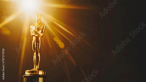 Hollywood Golden Oscar Academy award statue on light rays on black background with copy space Success and victory concept : Generative AI