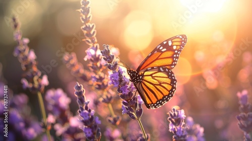 A monarch butterfly on a lavender flower in the morning sun