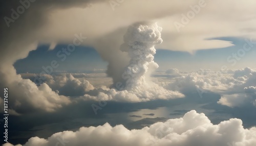 Cumulus cloud formation resembling a vertical explosion above a landscape with a body of water visible through breaks in the clouds