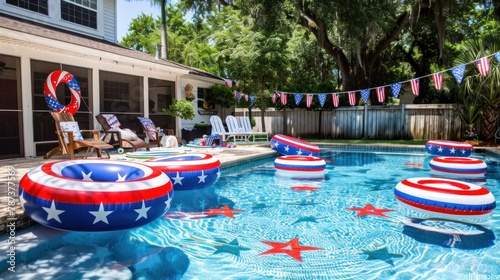 A backyard pool party with inflatable patriotic pool floats and decorations. 