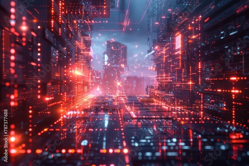 Network of computers receiving real-time protection from an invisible cybersecurity shield, Red-hued circuitry cityscape, digital pulses travel through skyscraper silhouettes,