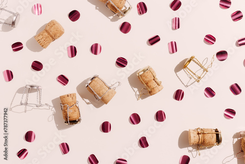 Champagne corks and sparkling confetti, top view composition, holidays, celebration concept. Wooden cork and muselet on pastel background at sunlight shadows. Flat lay festive minimal pattern