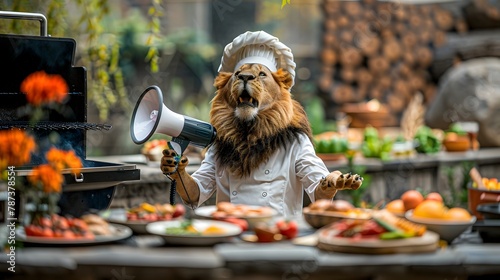 Lion Chef Announcing Summer Food Promotions with Megaphone and Grill in Sight generative ai