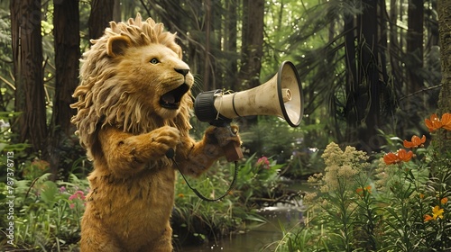 Whimsical Lion Delivering Summer Forest News with Megaphone generative ai