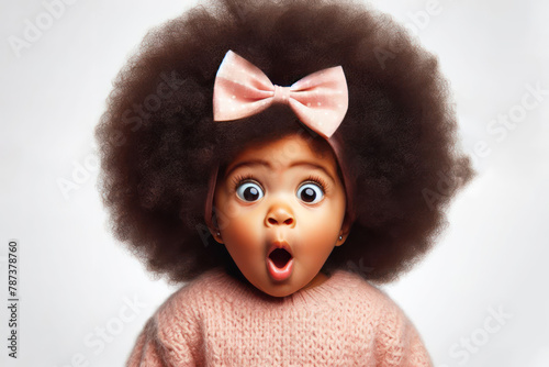 funny face of a surprised afro baby girl with bow shot at a wide angle isolated on a white background