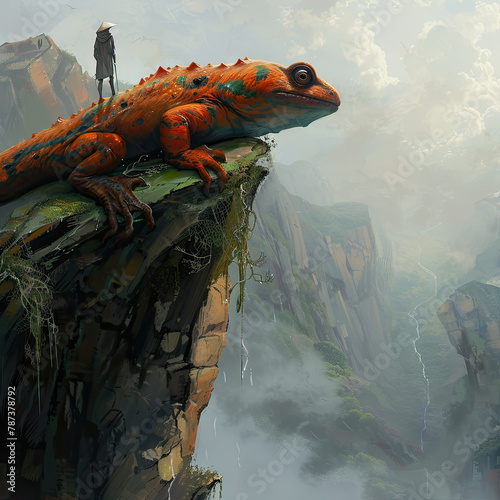 An adventurer yunnan lake newt in human form standing at the edge of a cliff