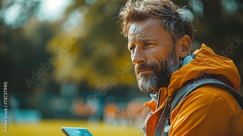 A vibrant scene on the sports field sidelines with a coach using a tablet to review and share critical health and performance data with players, with the action-packed game ongoing in the background.