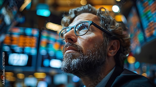 Over-the-shoulder view of a trader analyzing a tablet with live stock market charts and trends, with a panoramic view of the trading floor filled with bustling activity.