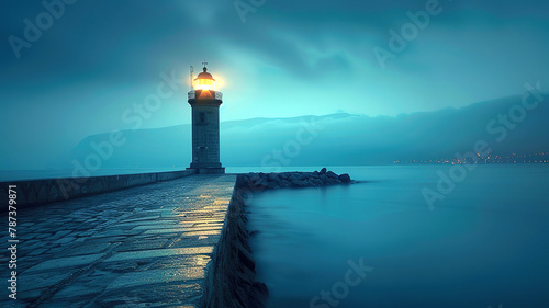 A lighthouse on the seashore shines at night
