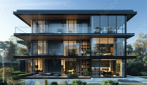  A modernist building with black metal frames and glass windows, featuring three floors of luxury living spaces and an outdoor terrace overlooking the city skyline. Created with Ai