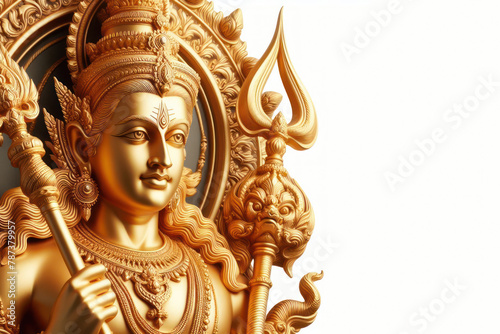 Hindu God Rama gold sculpture and copy space on white background