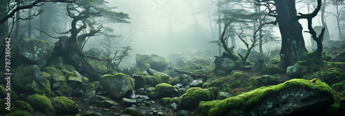 The dense, slumberous forest with trees among moss-covered stones in the morning mist
