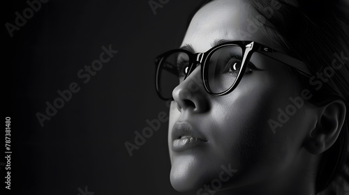 Young adult woman in black and white glasses against a black background with copy space : Generative AI