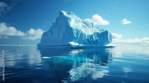 A large ice block floating in the ocean. The sky is clear and blue. The water is calm and still
