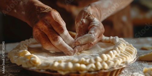 Artisan hands carefully shaping the edges of a homemade pie crust with intricate details on a kitchen counter