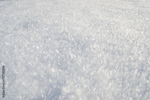 Gefrohrene Eiskristalle auf einer weißen Schneeschicht im Winter