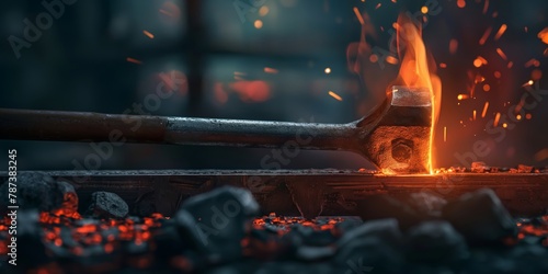 A blacksmith's hammer striking red-hot metal on an anvil amidst flying sparks and coal