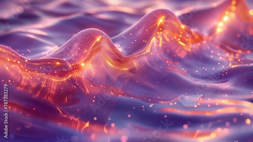 Powdered and violet waves, fluid glass sculpture, flowing liquid gold and jade. Generated by artificial intelligence.