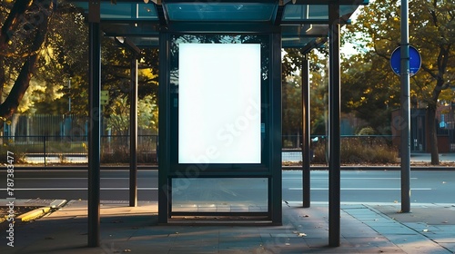 glass bus shelter at busstop blank white lightbox sign aluminum structure urban setting city street background asphalt road empty poster ad commercial space with urban background for m : Generative AI