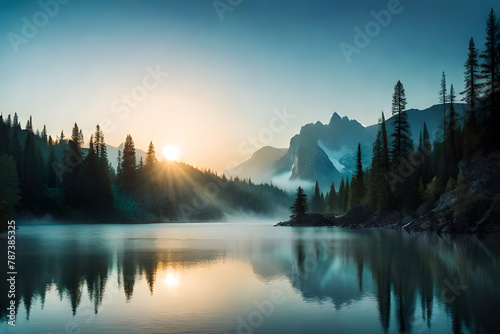 Mountain range surrounding a lake. High quality photo