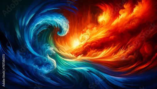 A dynamic representation of the elements fire and water interacting. 