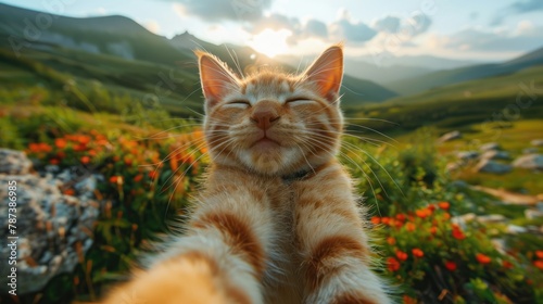 Cute cat traveler is taking selfie photo, summer mountains on background