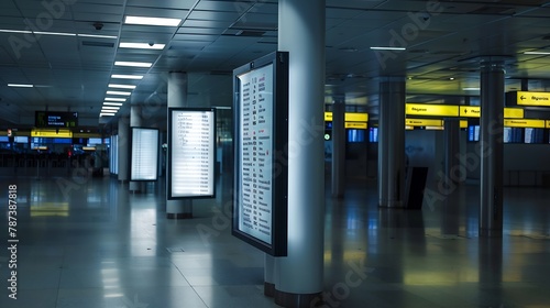 Empty flight information mockup boards in Barcelona airport Standing against a column bathed in bright white light awaiting passengers attention : Generative AI