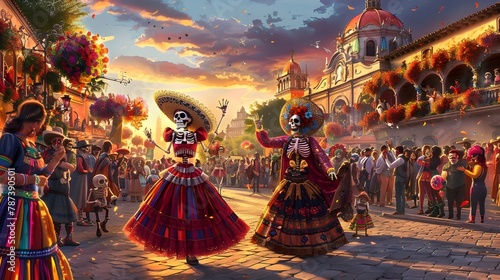 Vibrant Dia de Los Muertos Parade in a Bustling Town Square with Costumed Participants and Paper Mach Puppets