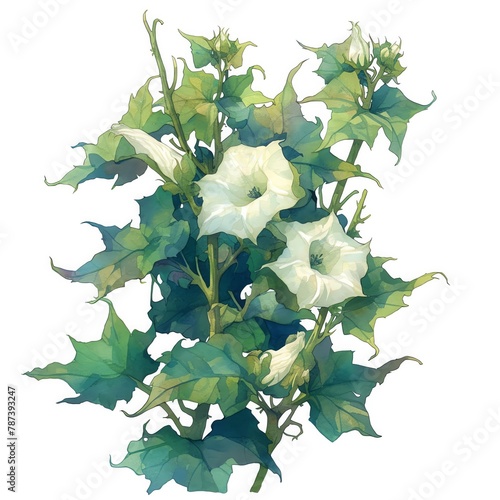 A rustic portrayal of a Jimsonweed plant, hallucinogenic properties cloaked in white and green, nightshades and moonlight whites, white background, vivid watercolor, 