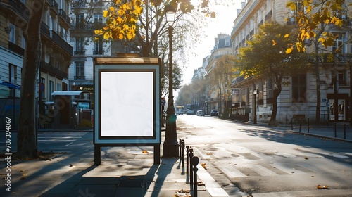 Bus stop billboard Mockup in empty street in Paris Parisian style hoarding advertisement close to a park in beautiful city : Generative AI