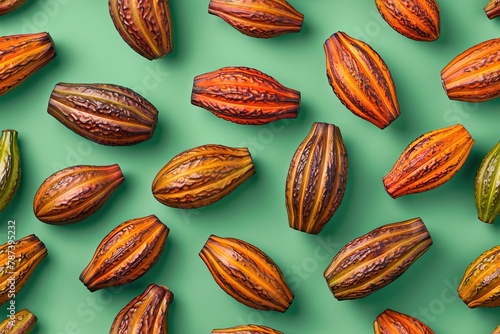 Vibrant cacao pods arranged on a green background, showcasing the source of chocolate.