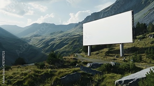 Empty blank billboard mockup near asphalting road in mountains of Transfagarasan : Generative AI