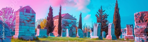 A cemetery with colorful tombstones, trees, and a blue sky.