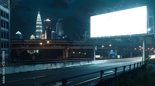 Blank white road billboard with KL cityscape background at night time Street advertising poster mock up 3D rendering Side view The concept of marketing communication to promote or sell : Generative AI