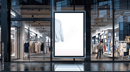 Mockup blank vertical advertising billboard at front of man clothing shop in shopping mall empty space for insert your graphic announcement and advertisement promotion : Generative AI