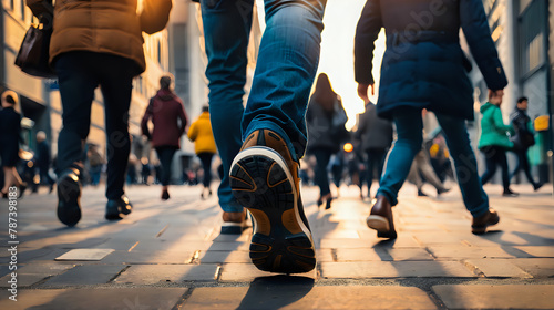  a low-angle view of people walking on a city street, focusing on their legs and feet, with the warm glow of the sun setting or rising in the background