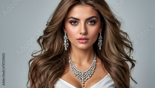 Portrait of a beautiful woman with wearing gold diamond ornaments jewelry. Jewelry. commercial photo, glamorous portrait, Generative AI 