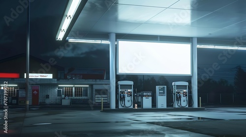 Large white blank billboard mockup displayed inside the gas station : Generative AI