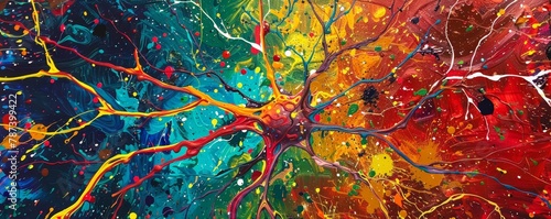 Colorful, imaginative neurons branching across the canvas of a human brain, illustrating the complex inner world of emotions and artificial intelligence