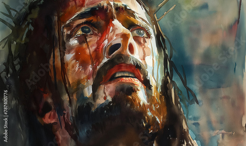 Jesus Christ staring at the sky for hope ang peace, in water oil painting