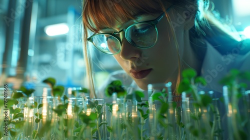 Biotechnology - science of Genetic Engineering. Scientist woman experiments with genetically modified plants in laboratory. Generative ai