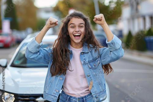 A thrilled teenage girl stands by her new car, celebrating her newly acquired driver's license