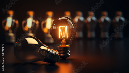 One Lightbulb glowing among shutdown light bulb in dark area with copy space, problem solving solution and outstanding concept by 3d render, wallapaper