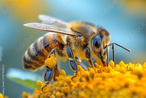Macro Beauty, Close-up of Bee Pollinating Vibrant Yellow Flower
