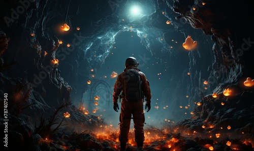 Astronaut in Space Suit Standing in Cave