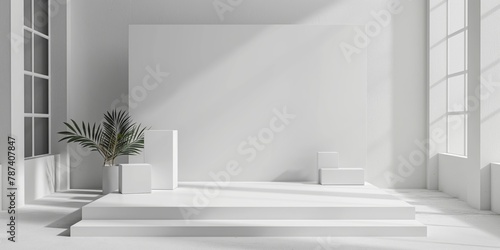 A pristine white stage with geometric forms showcases a minimalistic and modern interior design aesthetic