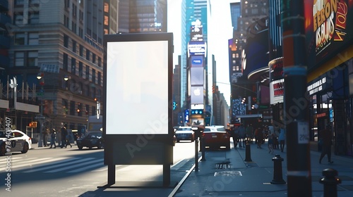 Blank mock up of vertical street ad billboard in busy city street : Generative AI