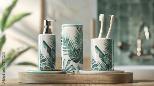Blank mockup of a ceramic soap dispenser set featuring a soap dish and toothbrush holder in a coordinating design. .