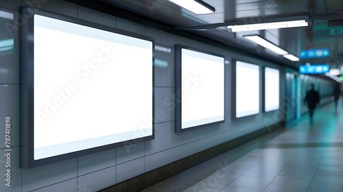 Three mock up the white screen billboard in subway station for advertising information or media on wall of corridor blur passenger walking through the left : Generative AI